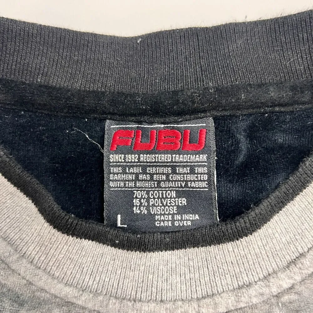 Vintage FUBU Velour Long Sleeve Shirt Men L Gray Black Piping Script Logo 90s - Picture 2 of 7